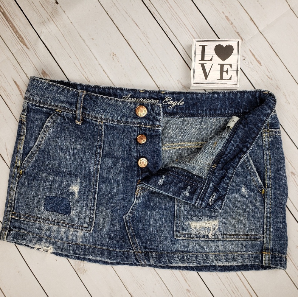American Eagle Button Fly Distressed Denim Skirt